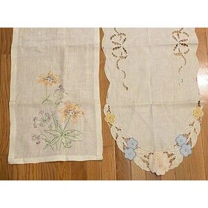 2 Pc Vintage Linen Needlepoint Floral Embroidered Table Runners Shabby Chic